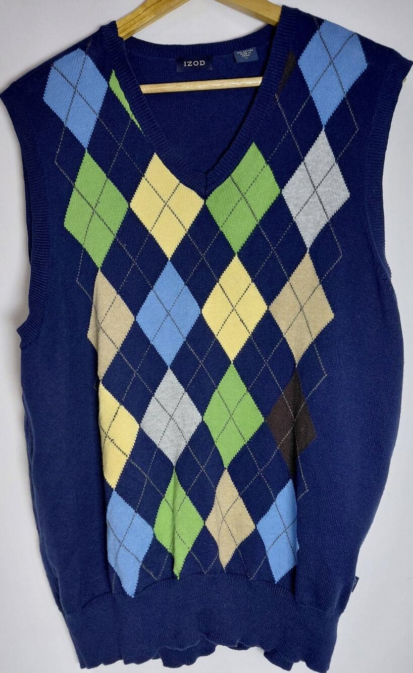 IZOD Argyle Knit Vest Blue Sleeveless V-Neck Men Size L